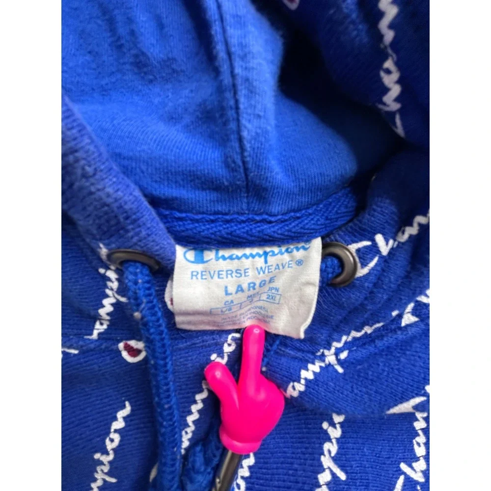 Champion Reverse Weave Hoodie Royal Blue All Over Script Logo Print Mens Large